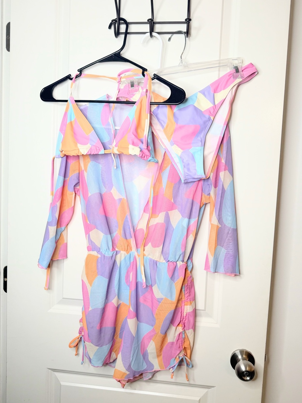 Womens 3 Pc Bikini Set Mesh Cover Up Romper Pastel Abstract Size Small